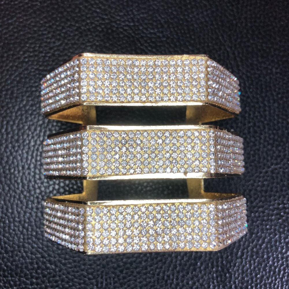 Gold Rhinestone Statement Cuff Bracelet Big Chunky 3 Row Wide Hexagon 7+"